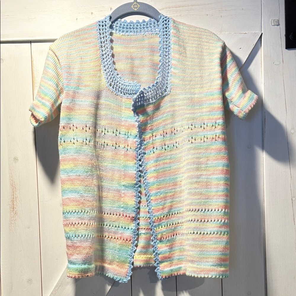 Hand Knit Pastel Rainbow Short Sleeved Striped Cardigan Cottagecore